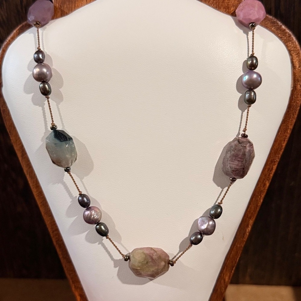 Artisan‎ Gemstone Nugget & Pearl Necklace Womens OS Pink Mauve Boho Knotted
